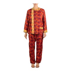 1930S Brick Red & Yellow Cotton Asian Novelty Printed Men's Pajamas