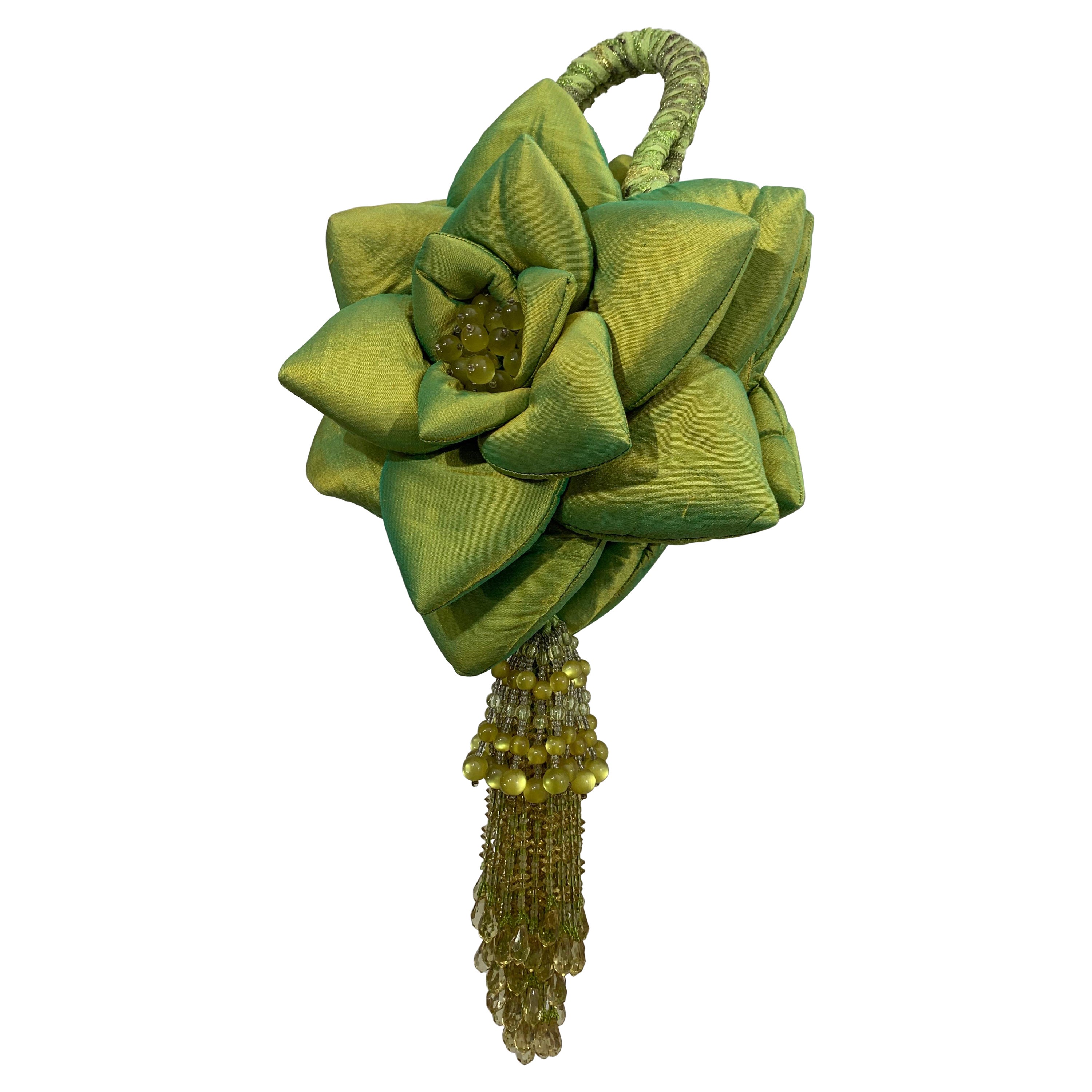 Custom-Made Chartreuse Shimmery Silk Organza Floral Handbag w Bead Tassel For Sale