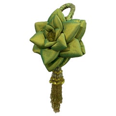 Custom-Made Chartreuse Shimmery Silk Organza Floral Handbag w Bead Tassel