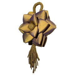 Custom-Made Gold/Purple Shimmery Silk 3-Dimensional Floral Handbag w Tassel