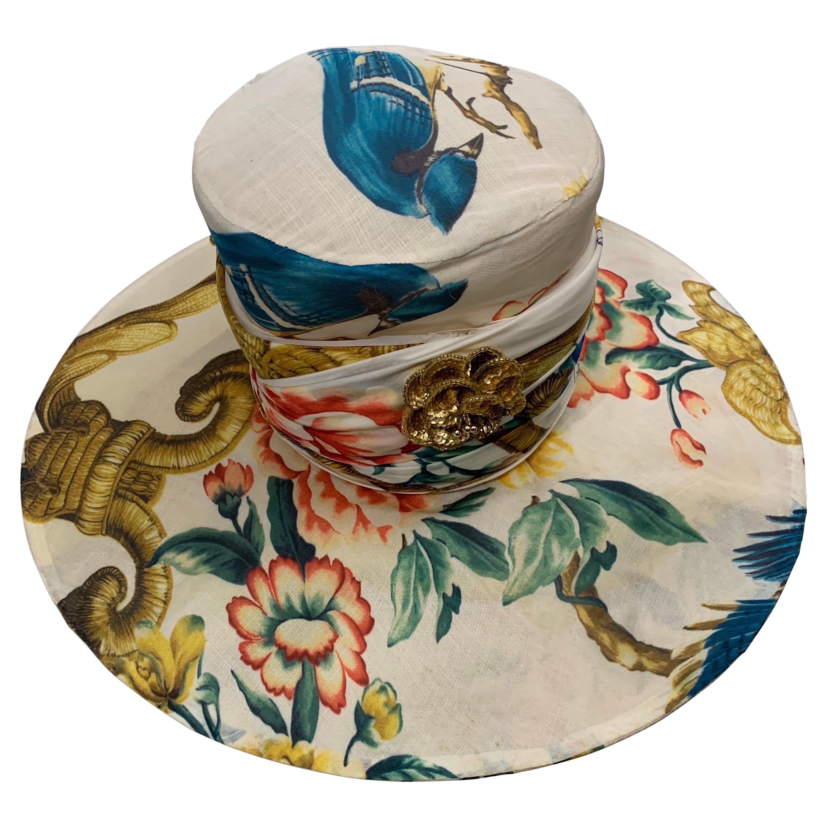 Maison Michel Maßgefertigter riesiger Sommerhut mit Blumendruck aus Roberto Cavalli-Stoff im Angebot
