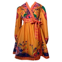 Contemporary Orange Floral Print Wrap-Around Summer Mini Dress w Balloon Sleeves