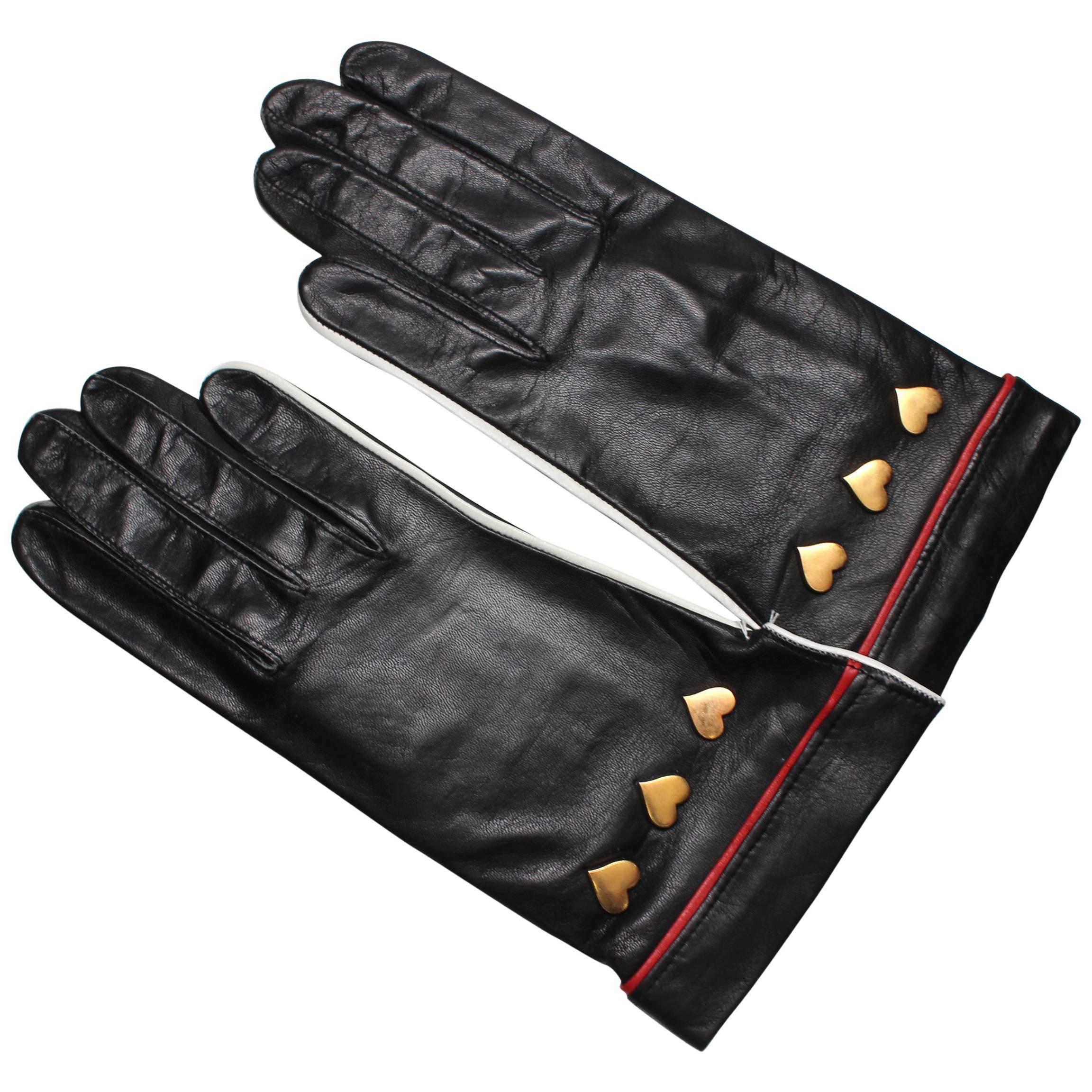 Vintage 1980s Escada Black Leather Gloves with Heart Studs, Never Worn
