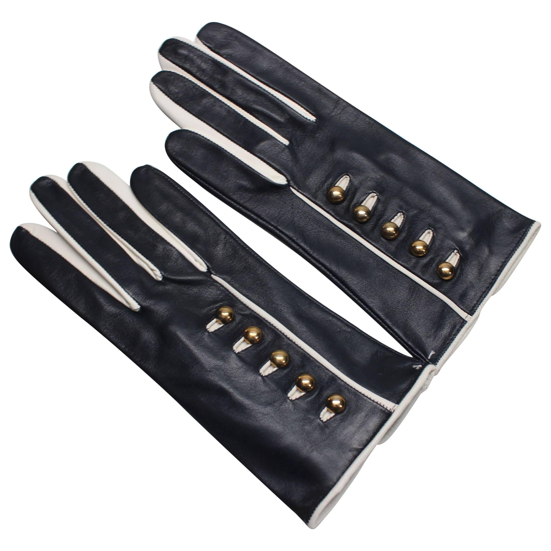 1980s Escada by Margaretha Ley Navy and White Gold Buttoned Leather Gloves