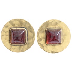 Chanel Earrings Red Gripoix and Hammered Gold Metal 1970s Clip Vintage