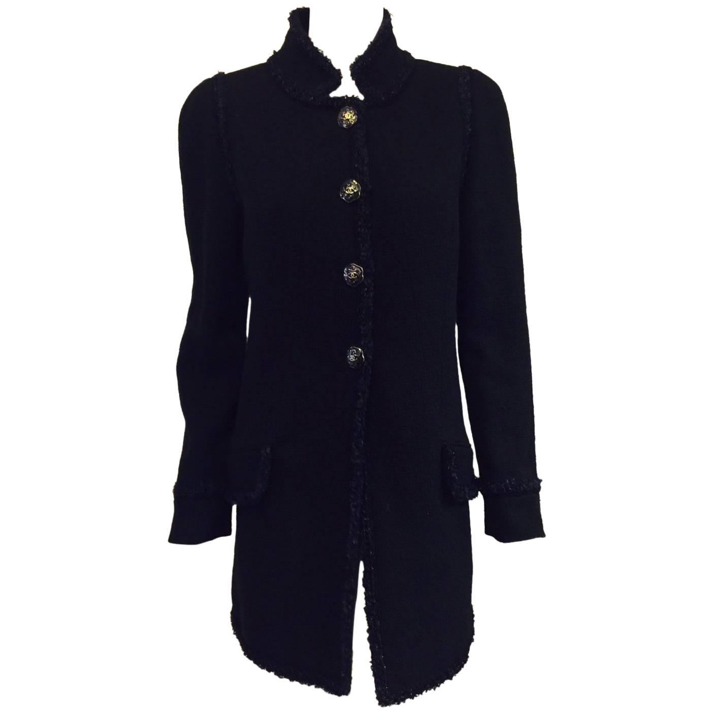 Chanel Black 100% Cotton Tweed Coat Black Enamel Camellia Buttons Size 48