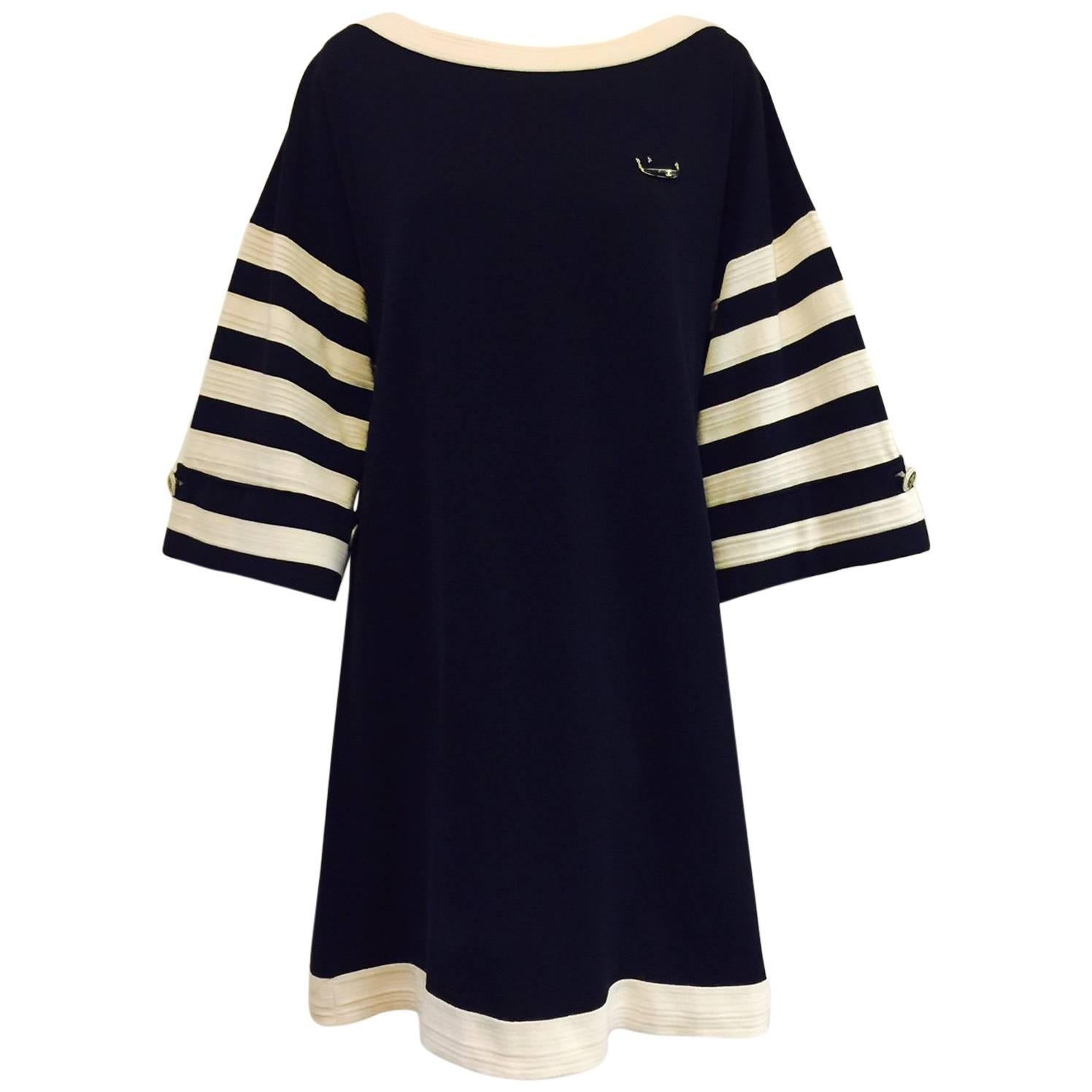 Chanel Navy and Ivory Striped Cotton Bateau Shift Dress With Gondola Pin  
