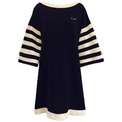 Chanel Navy and Ivory Striped Cotton Bateau Shift Dress With Gondola Pin