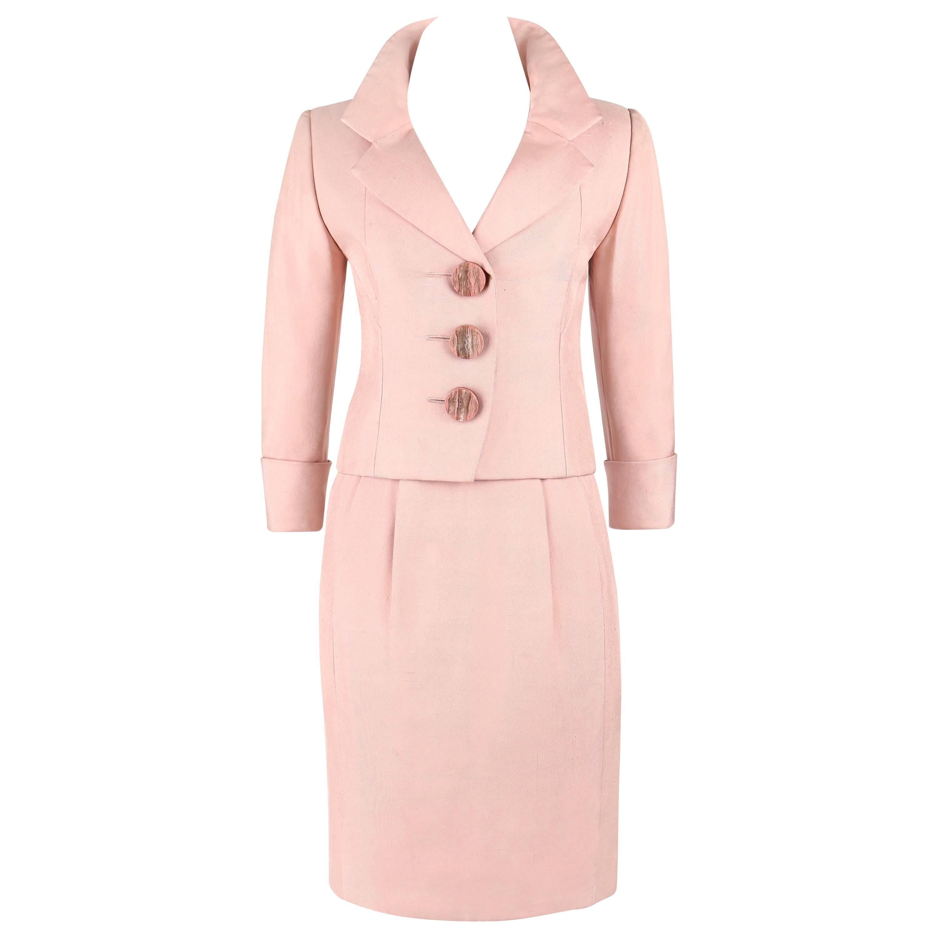 CHRISTIAN DIOR c.1990 Haute Couture 2 Piece Pink 100% Silk Blazer Skirt Suit Set