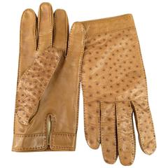 Vintage HERMES Size 7 1/2 Tan Ostrich Leather Gloves