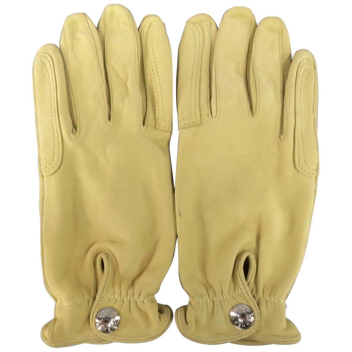 Hermes Vintage Size 7 1/2 Beige Leather Silver Snap Closure Gloves