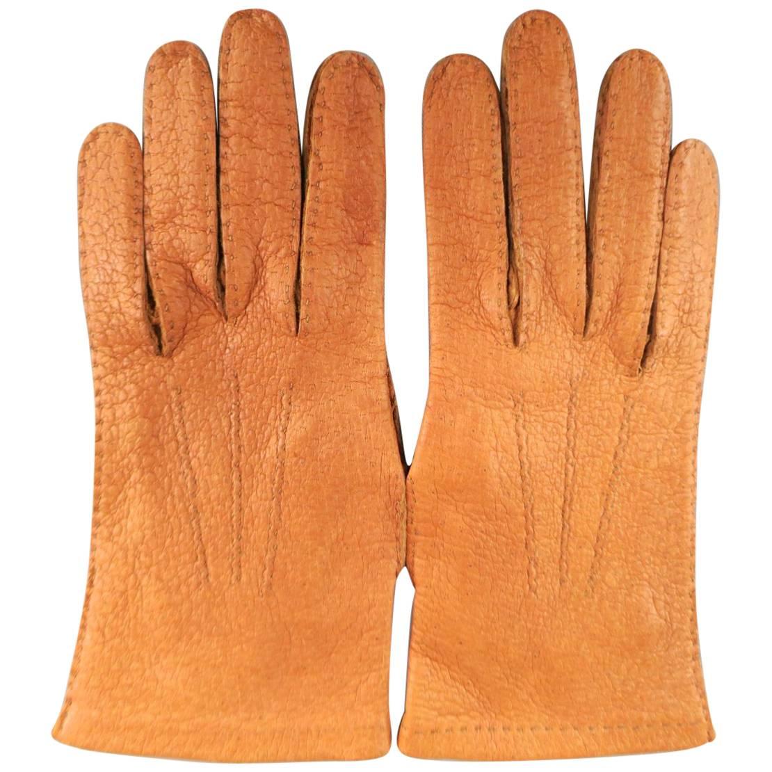 Vintage HERMES Size 7 1/2 Rust Tan Textured Peccary Leather Gloves