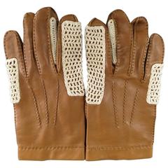 Vintage HERMES M Light Brown Leather Knit Mesh Detail Gloves