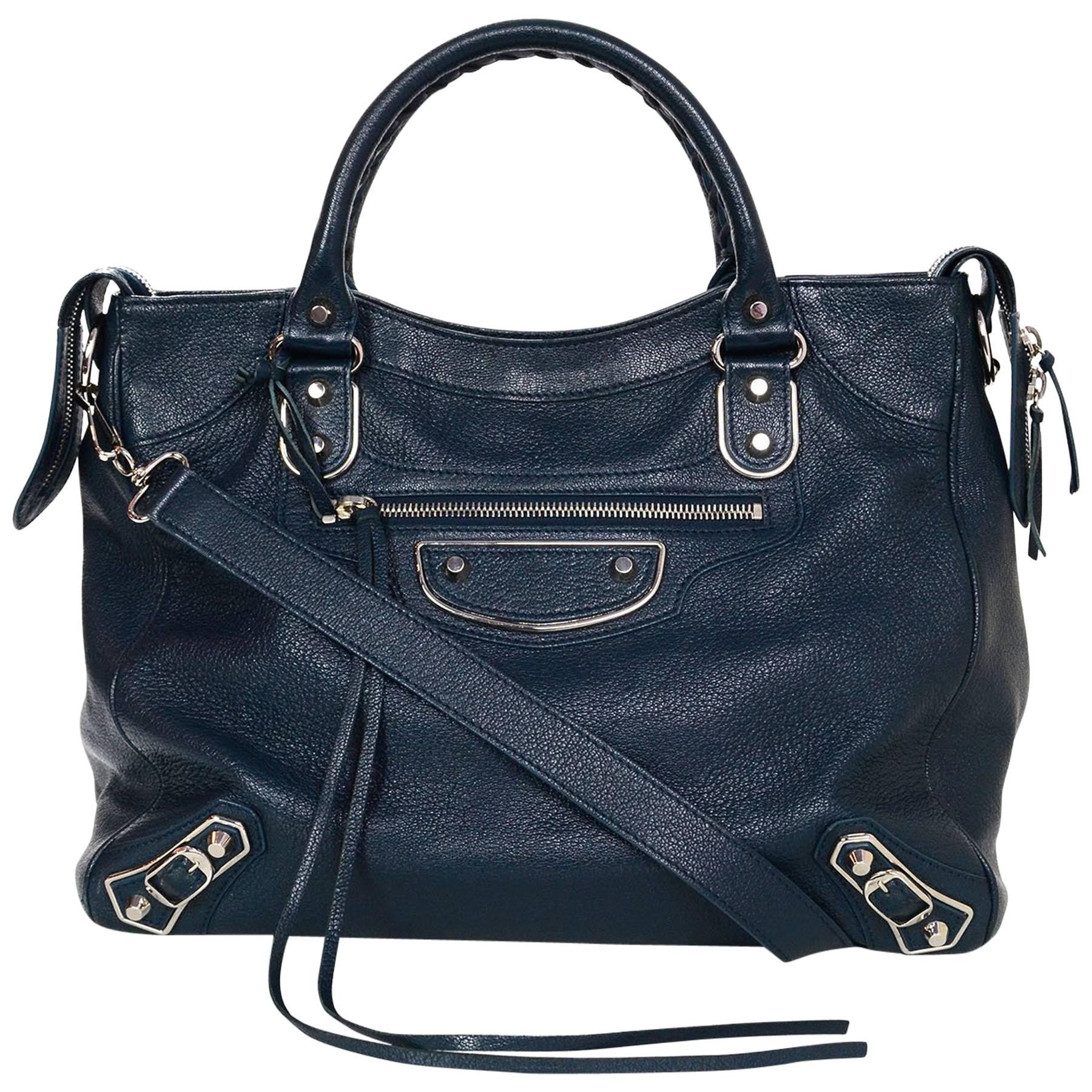 Balenciaga Blue & Silvertone Metallic Edge Messenger Satchel Bag 