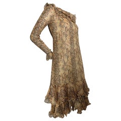1960s Saks Fifth Avenue Python Print Silk Chiffon Dress w Ruffled Collar & Hem