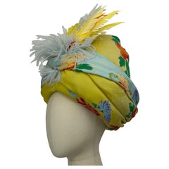 Custom-Made Wool Challis Turban in Chartreuse and Pastel Floral Print w Feathers