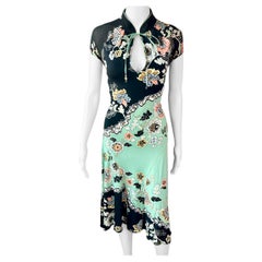 Roberto Cavalli S/S 2003 Runway Chinoiserie Cheongsam Silk Mint Green Midi Dress