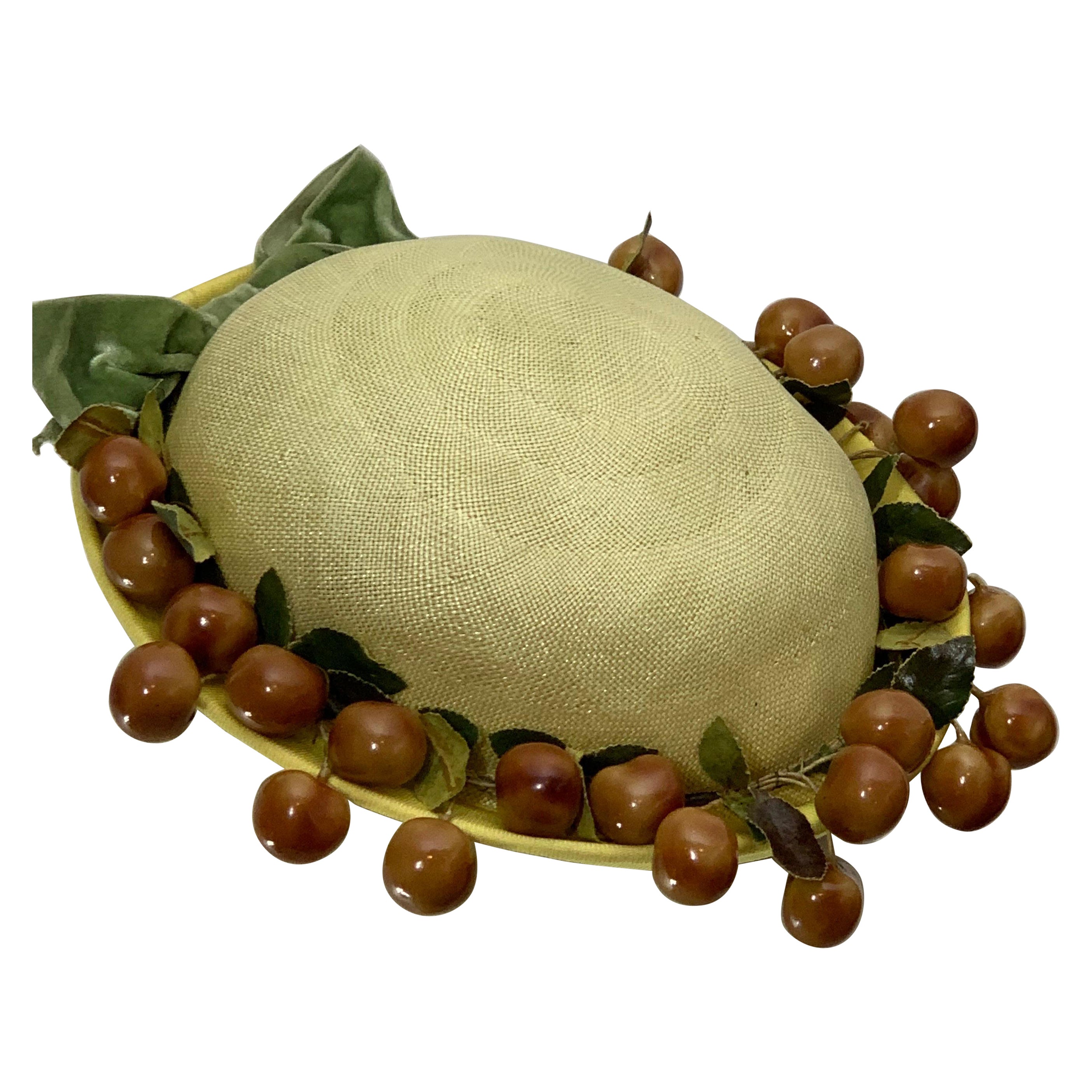 1950s Pale Yellow Straw Boater Hat w/ Olive Green Bow & Glossy Cherries At Brim For Sale