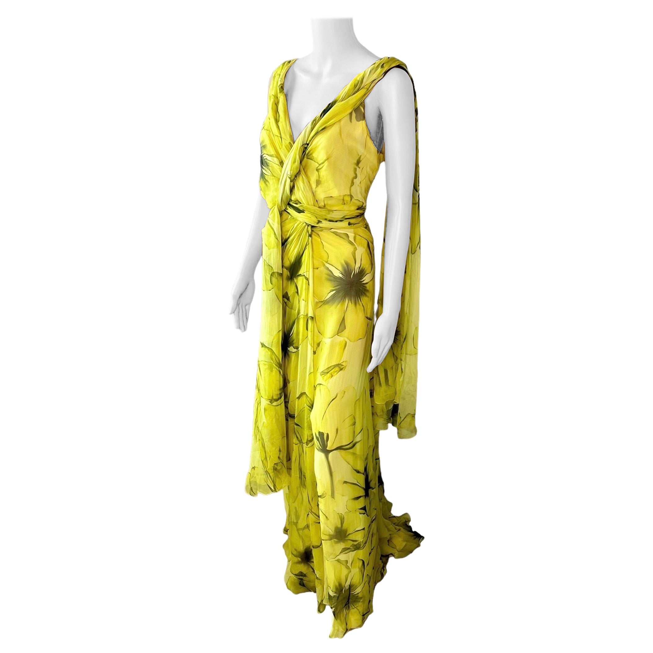 Versace Resort 2008 Plunging Neckline Floral Print Open Back Evening Dress Gown