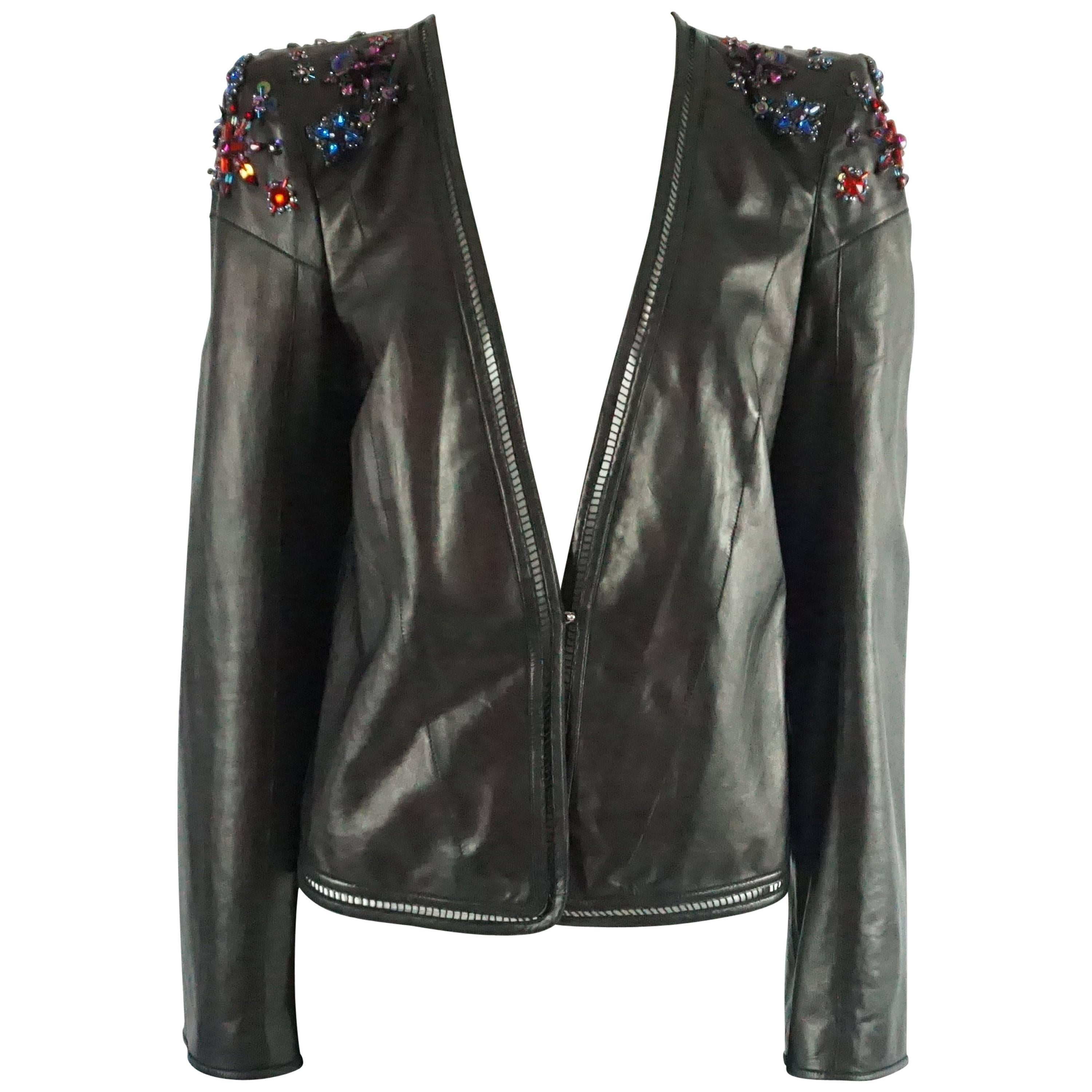 Roberto Cavalli Black Leather Stone and Sequin Embellished Jacket-Size 44