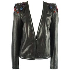 Vintage Roberto Cavalli Black Leather Stone and Sequin Embellished Jacket-Size 44