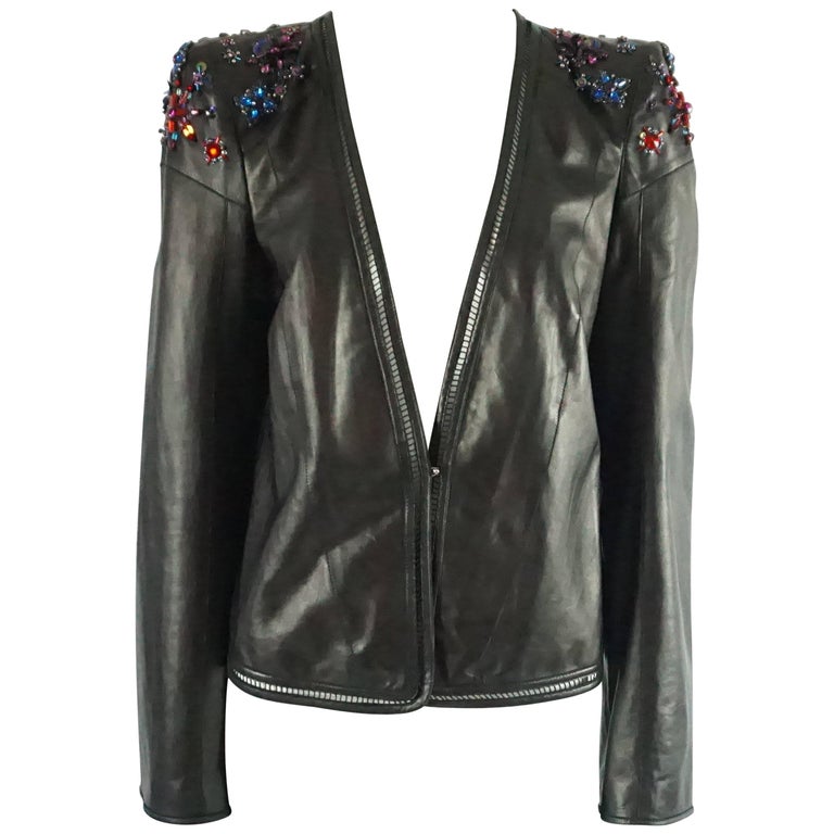 Roberto Cavalli Black Leather Stone and Sequin Embellished Jacket