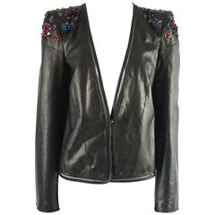 Roberto Cavalli Black Leather Jacket with Rhinestone and Sequin Detailing - 44 5