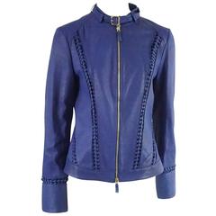 Roberto Cavalli Blue Leather with Front Zip and Braided Detail - 44