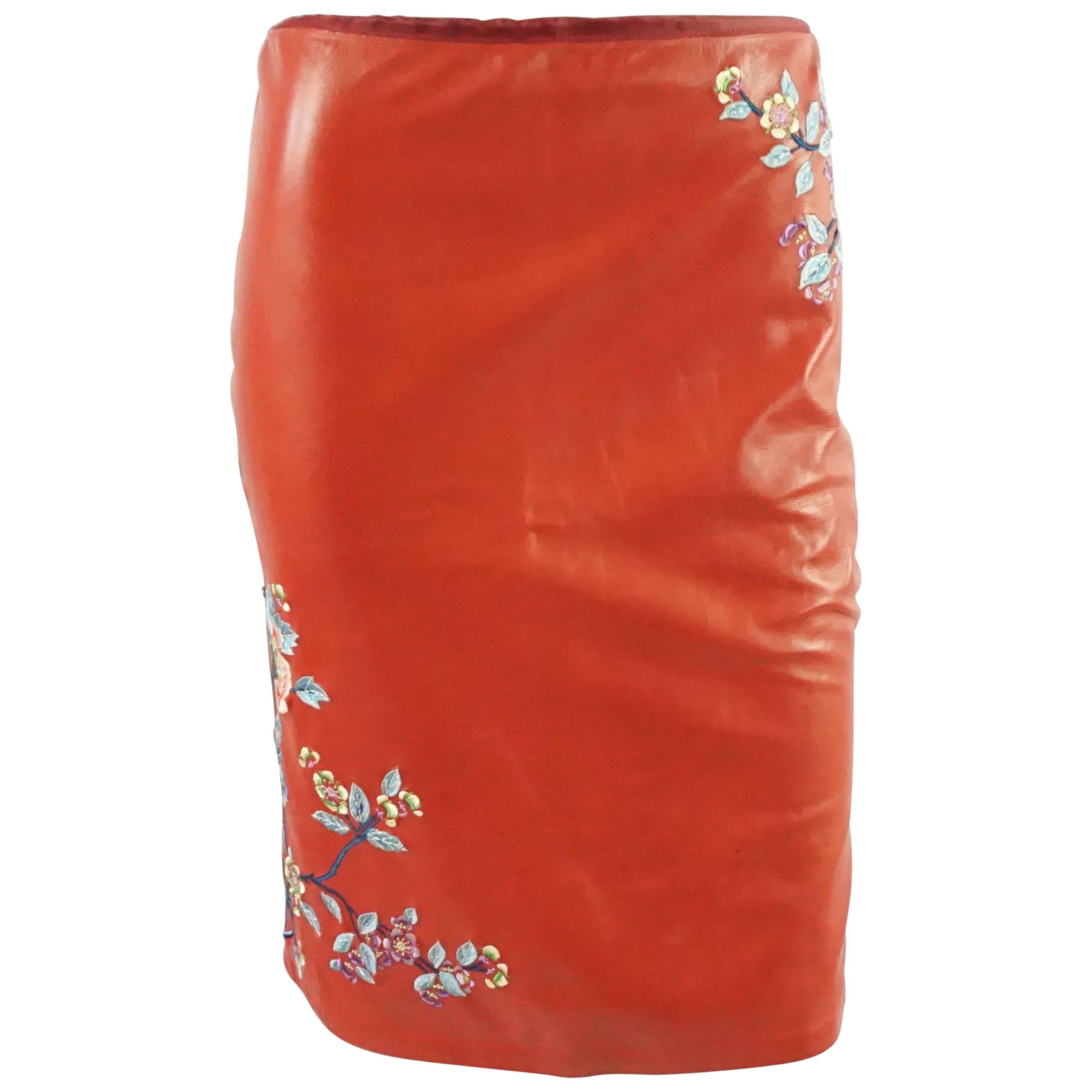 Ralph Lauren Red Leather Skirt with Embroidery - 10