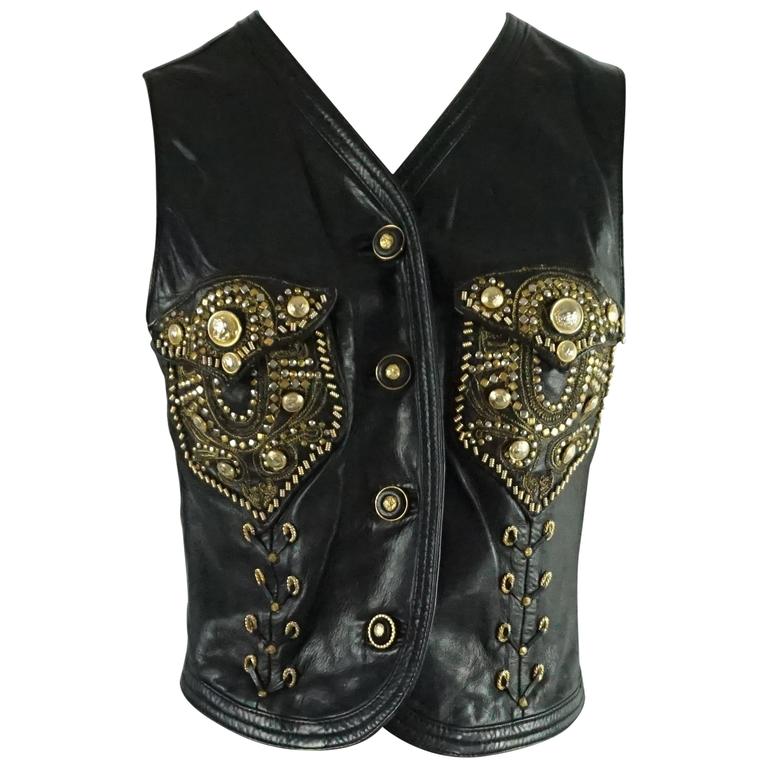 Versace Black Leather Vest with Gold and Silver Studs and Grommets For ...