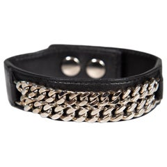 Saint Laurent Black Leather Silver Chain Bracelet