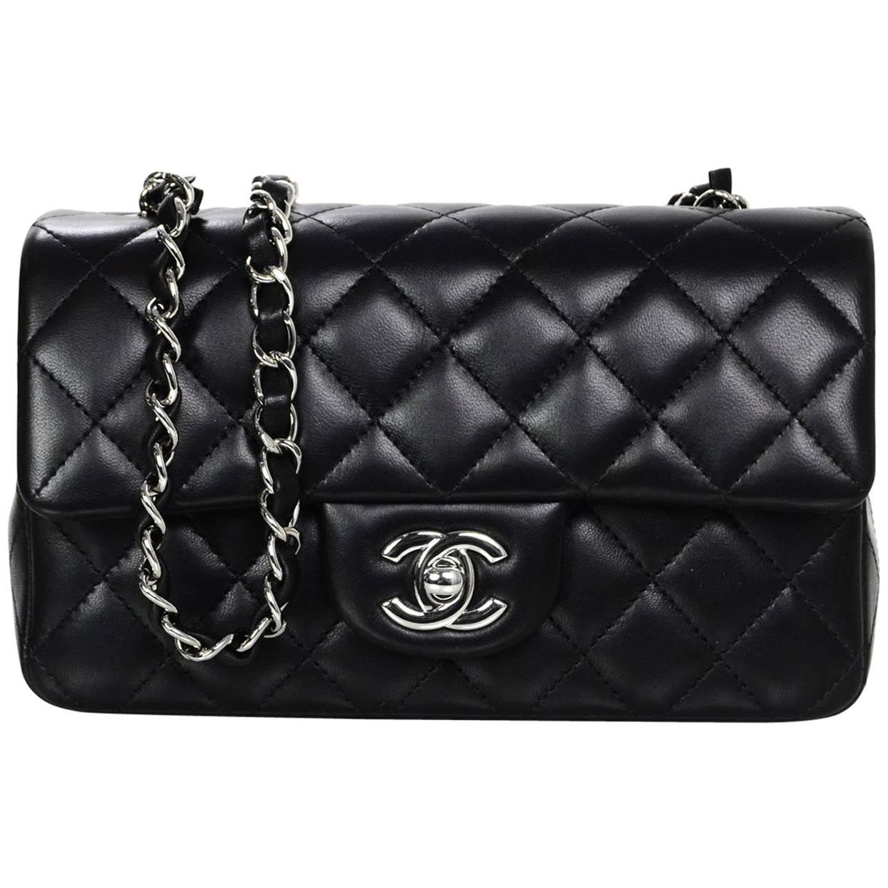 Chanel Black Lambskin Leather Quilted Rectangular Mini Flap Crossbody Bag