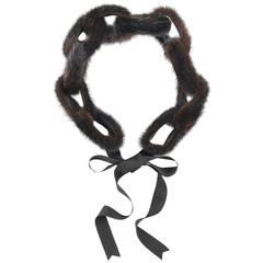 LEE MENICHETTI c.1970's Dark Brown Genuine Mink Fur Chain Link Ribbon Belt RARE