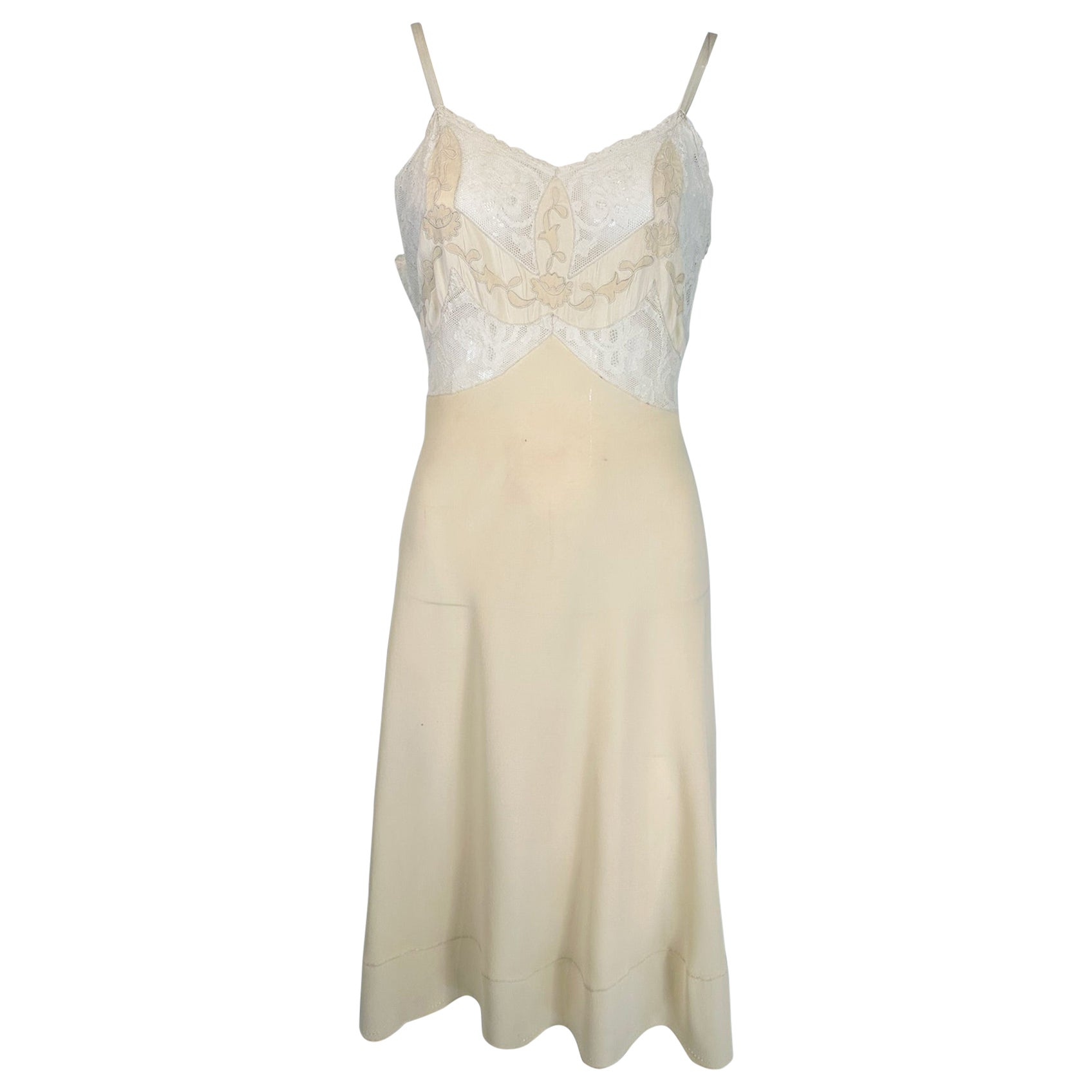 1930s Hand Made Cream Silk Chiffon Bobbin Lace Applique & Embroidered  Slip For Sale