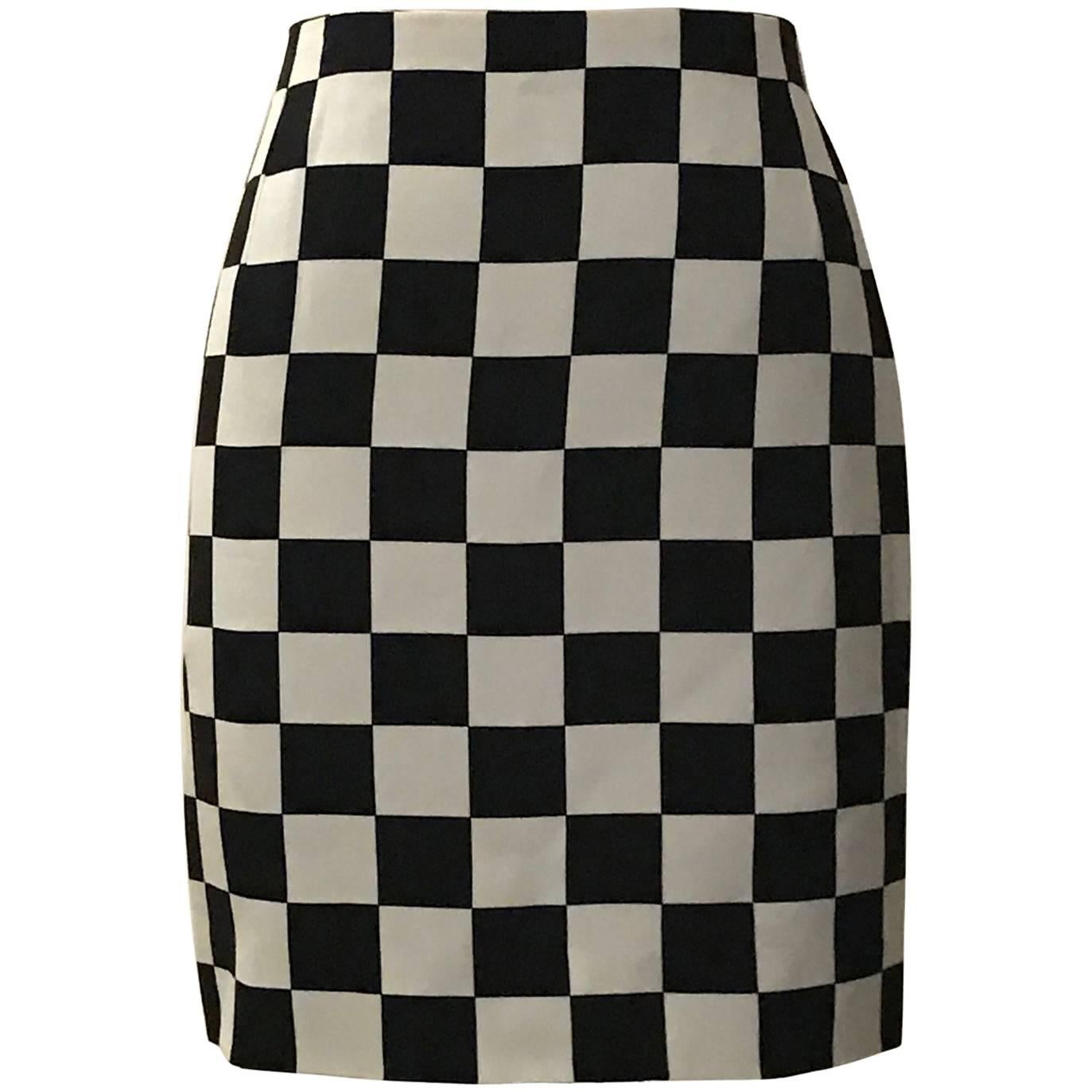 Gianni Versace Couture 1990s Black and White Check Silk Pencil Skirt 