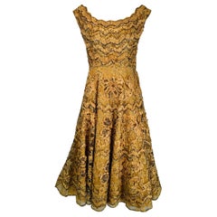 1950s Gold Floral Ribbon Applique on Sequin Tulle Circle Skirt Cocktail Dress