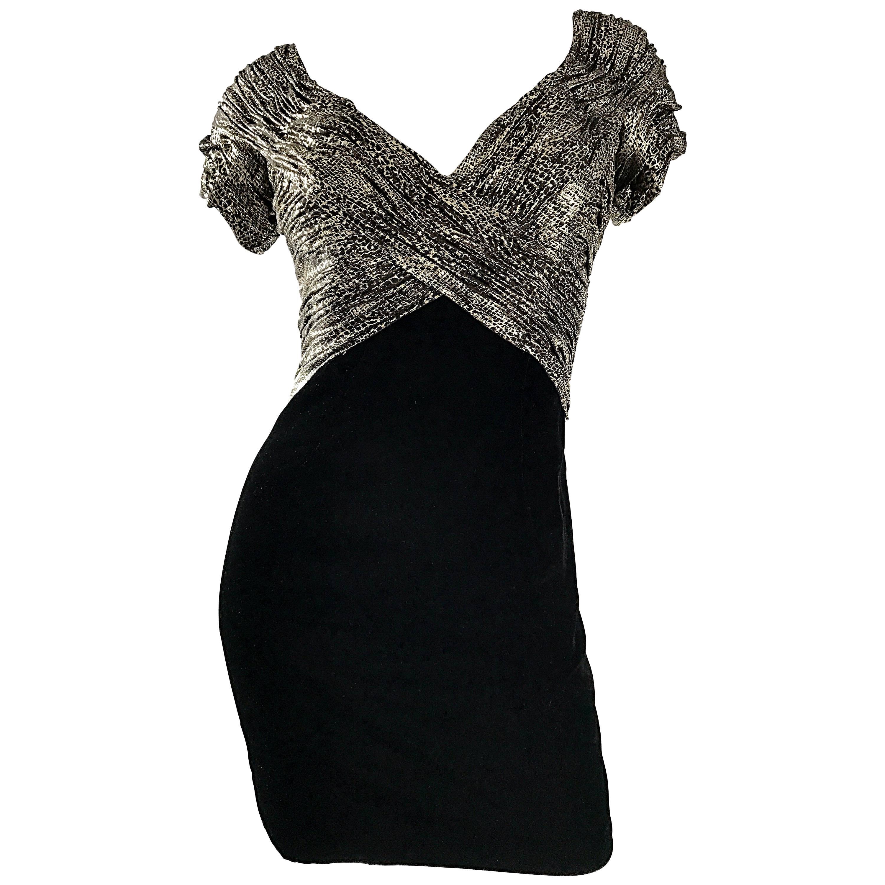 Vintage Vicky Tiel Couture Gold + Black Velvet Metallic Snakeskin Mini Dress For Sale