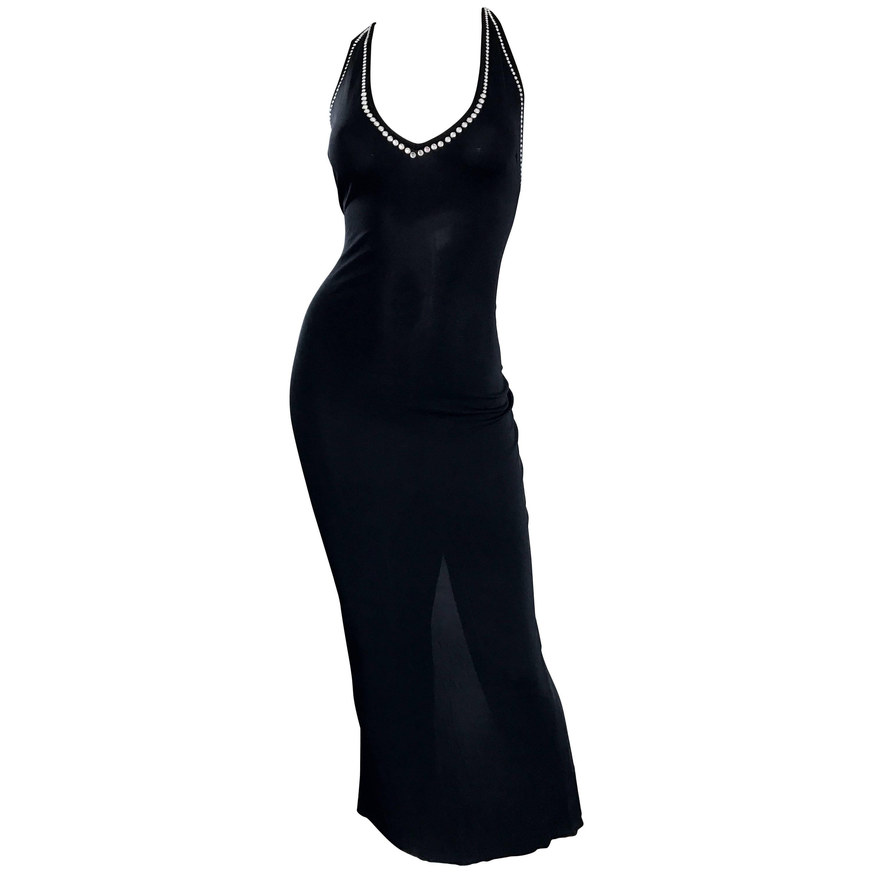 1990s Blumarine Anna Molinari Sexy Black Crstyal Studded Vintage Jersey Gown 90s For Sale