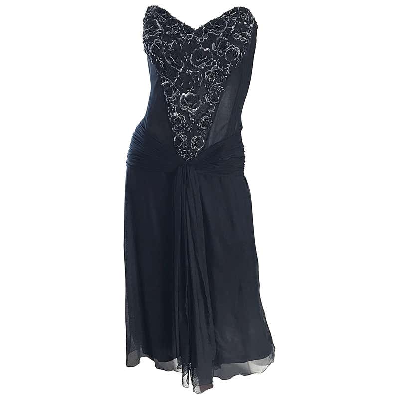 1920s Silk Chiffon and Lace Cocktail Dress w/ Quilted Detail at 1stDibs