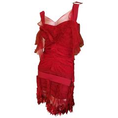 Dior by Galliano Sequin Accented Red Lace Cocktail Dress with Bondage Straps