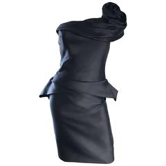 Marchesa New Black Silk One Shoulder ' Rosette ' Size 10 Avant Garde Dress 2