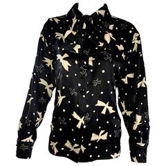 Emanuel Ungaro Vintage Black and White 1990s Bird Print Pussycat Bow Silk Blouse 3