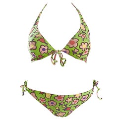 Retro Moschino 1990s Neon Green Flower Printed 90s Two Piece String Bikini 