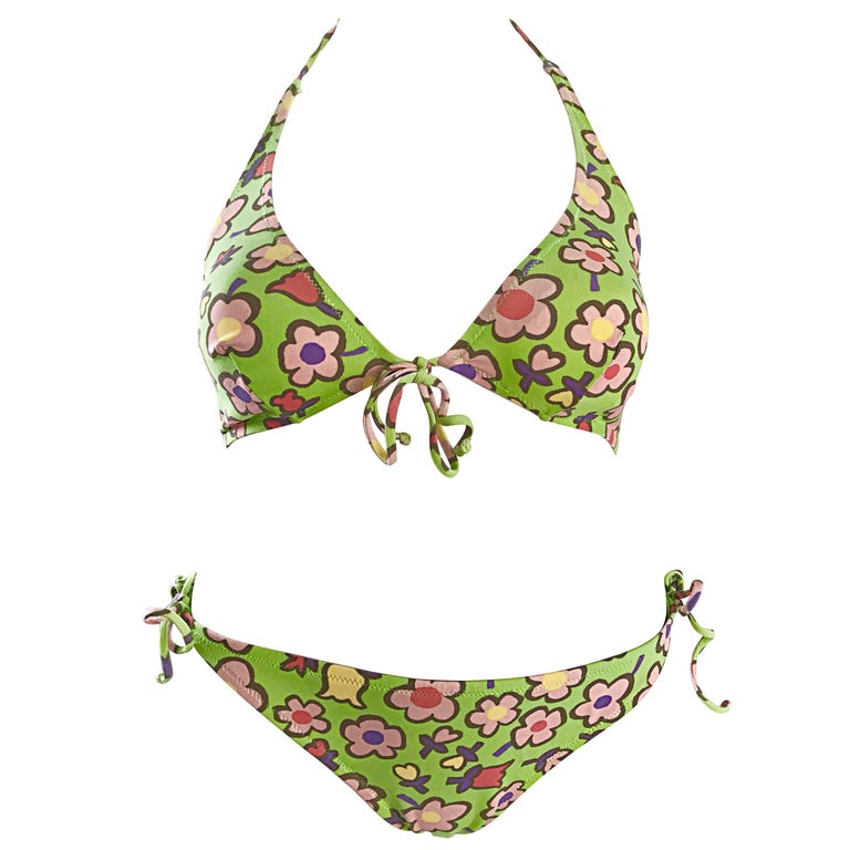 Vintage Moschino 1990s Neon Green Flower Printed 90s Two Piece String