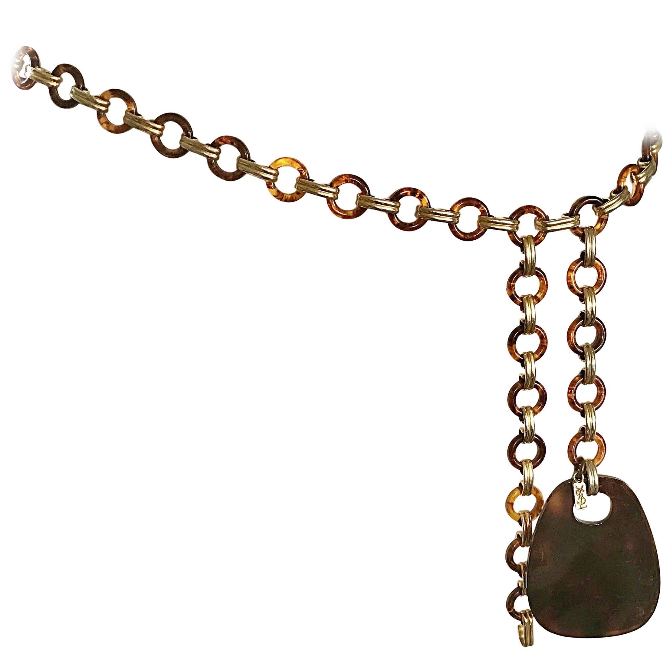 1970s Yves Saint Laurent Vintage Tortoise Shell + Gold Chain Belt / Necklace 70s