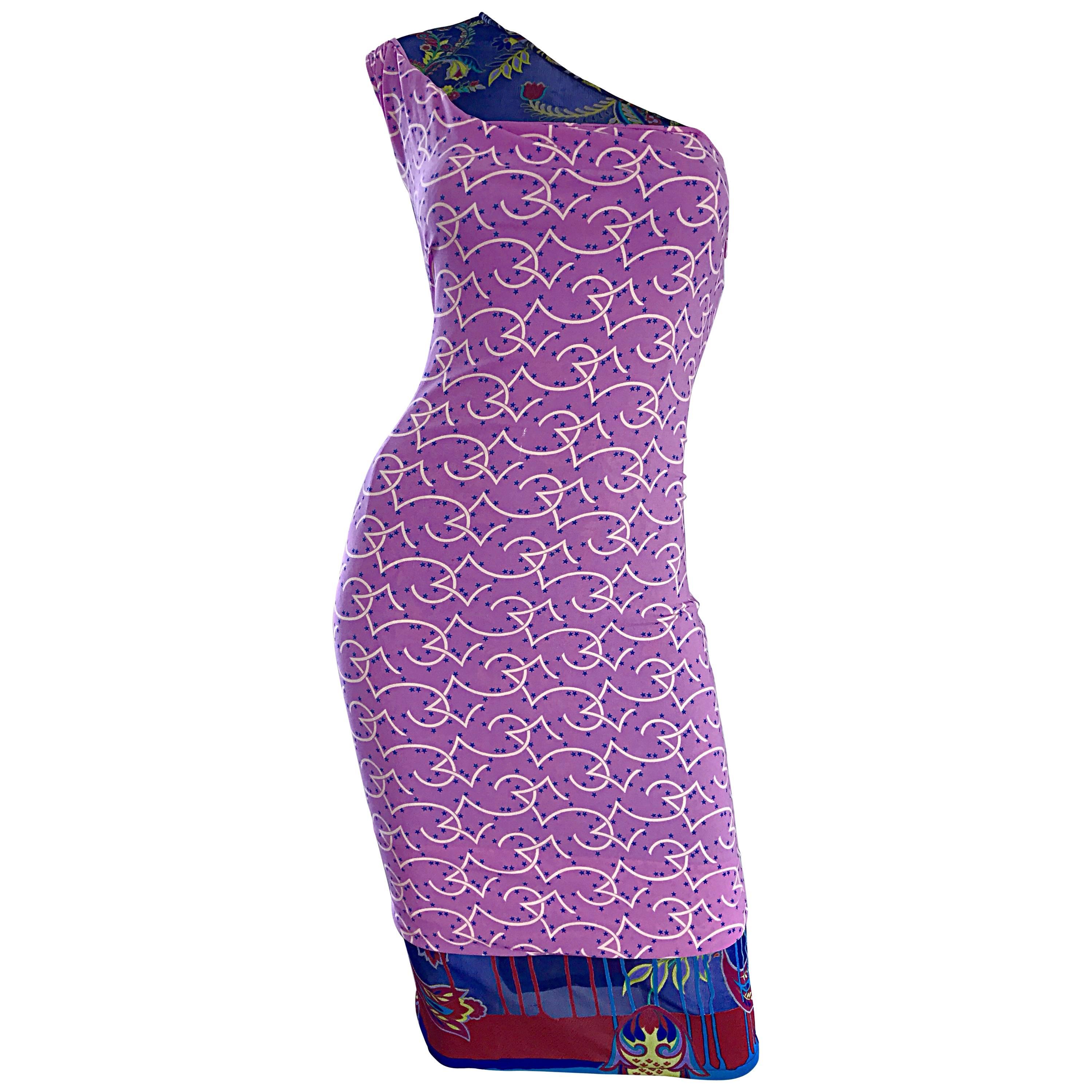 Gianni Versace Couture Frühjahr 1998 Ein-Schulter-Seidenkleid mit tropischem Sterndruck im Angebot