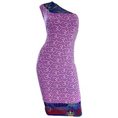 Vintage Gianni Versace Couture 1990s One Shoulder Tropical Star Print Silk Dress 10