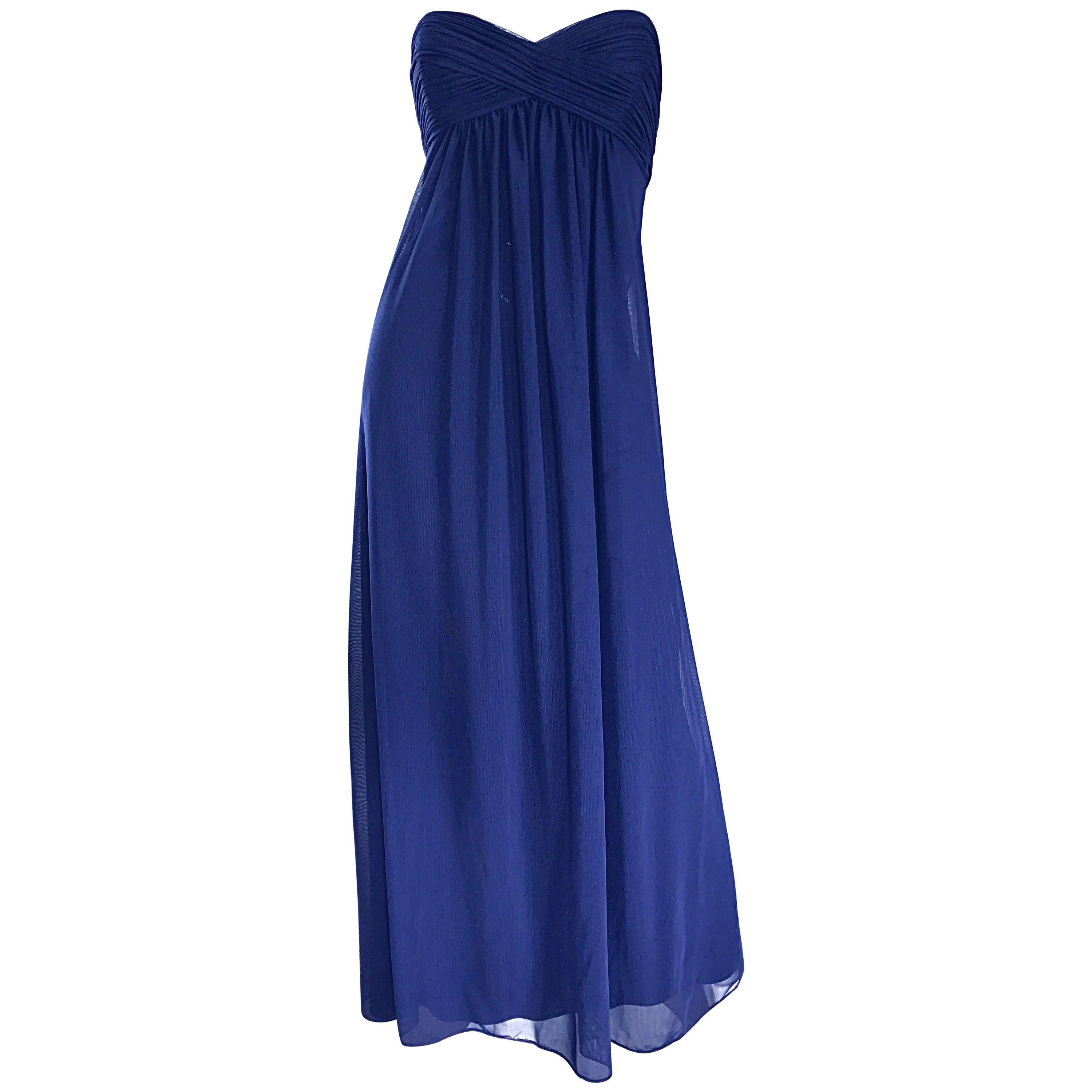 Vintage Vicky Tiel Couture Navy Blue Strapless Silk and Mesh Gown Evening Dress For Sale
