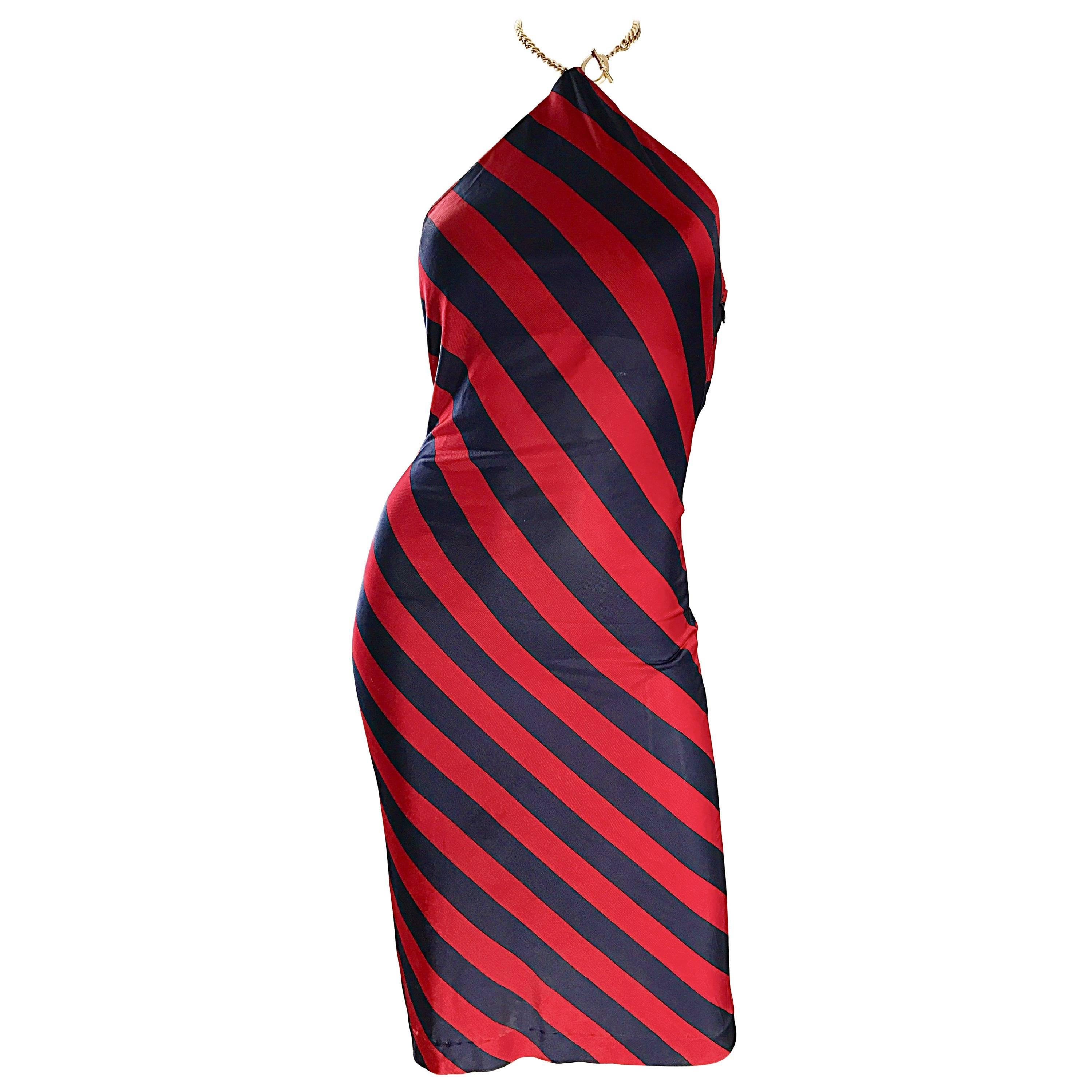1990s Ralph Lauren Vintage Navy Blue & Red Striped Nautical 90s Chain Dress Sz 2