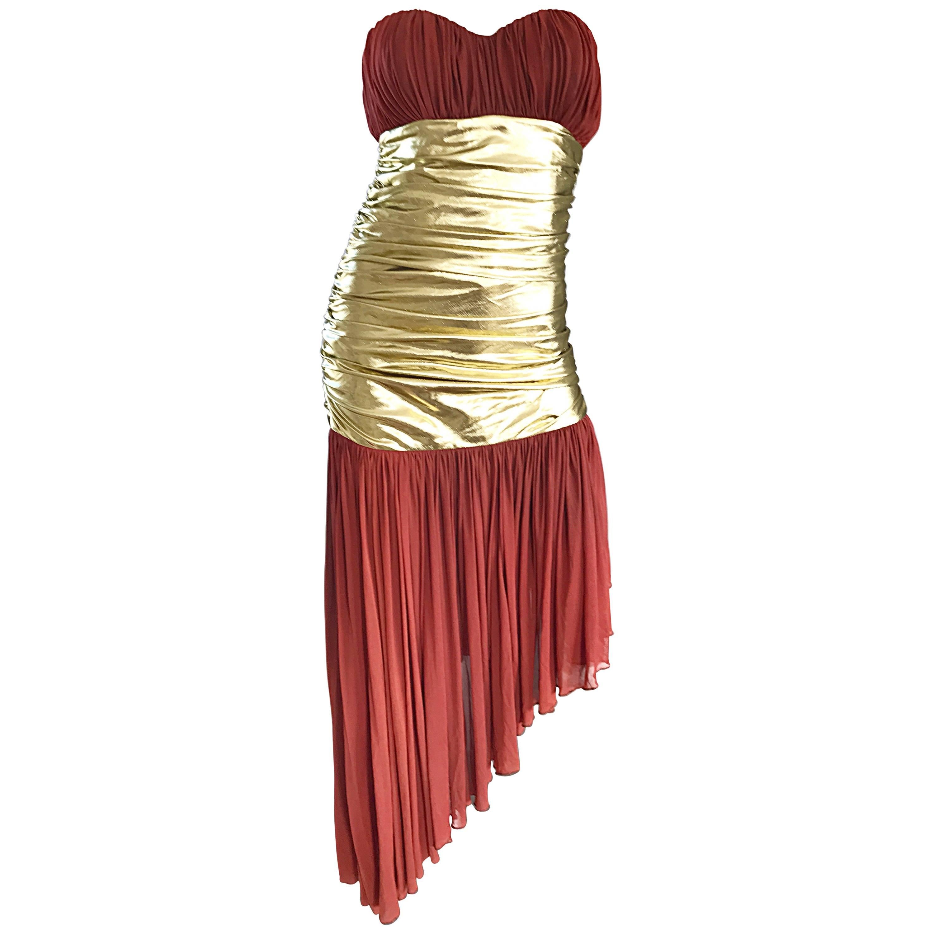 Vintage Angelo Tarlazzi Couture Metallic Gold + Rust Strapless Avant Garde Dress